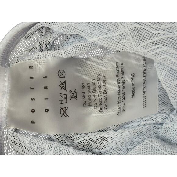 Poster Girl Trophy Sheer Lace Jumpsuit Thong Feather Cuffs Set Sexy Blue Size L - Picture 5 of 6